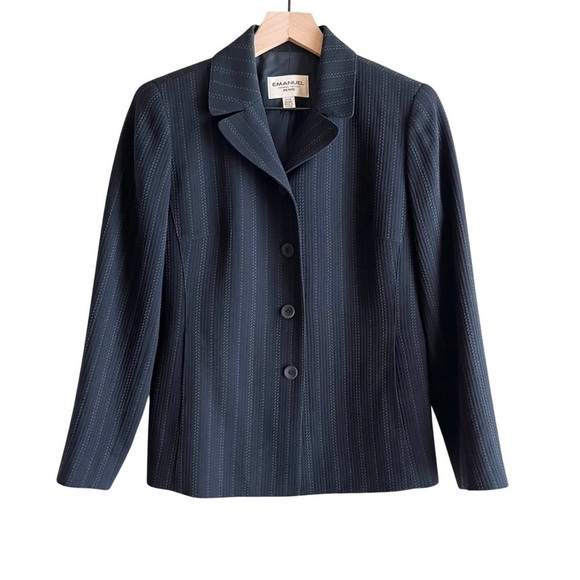 Emanuel Ungaro Vintage Wool Blazer Jacket in Black, Textured Pin Stripes, Sz 2P - Picture 1 of 9